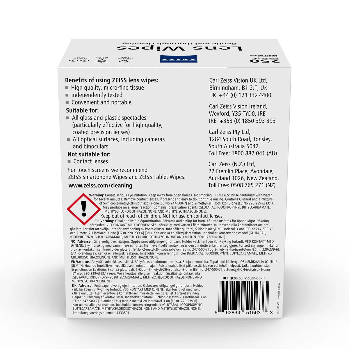 Zeiss Lens Cleaning Wipes, 250 Wipes