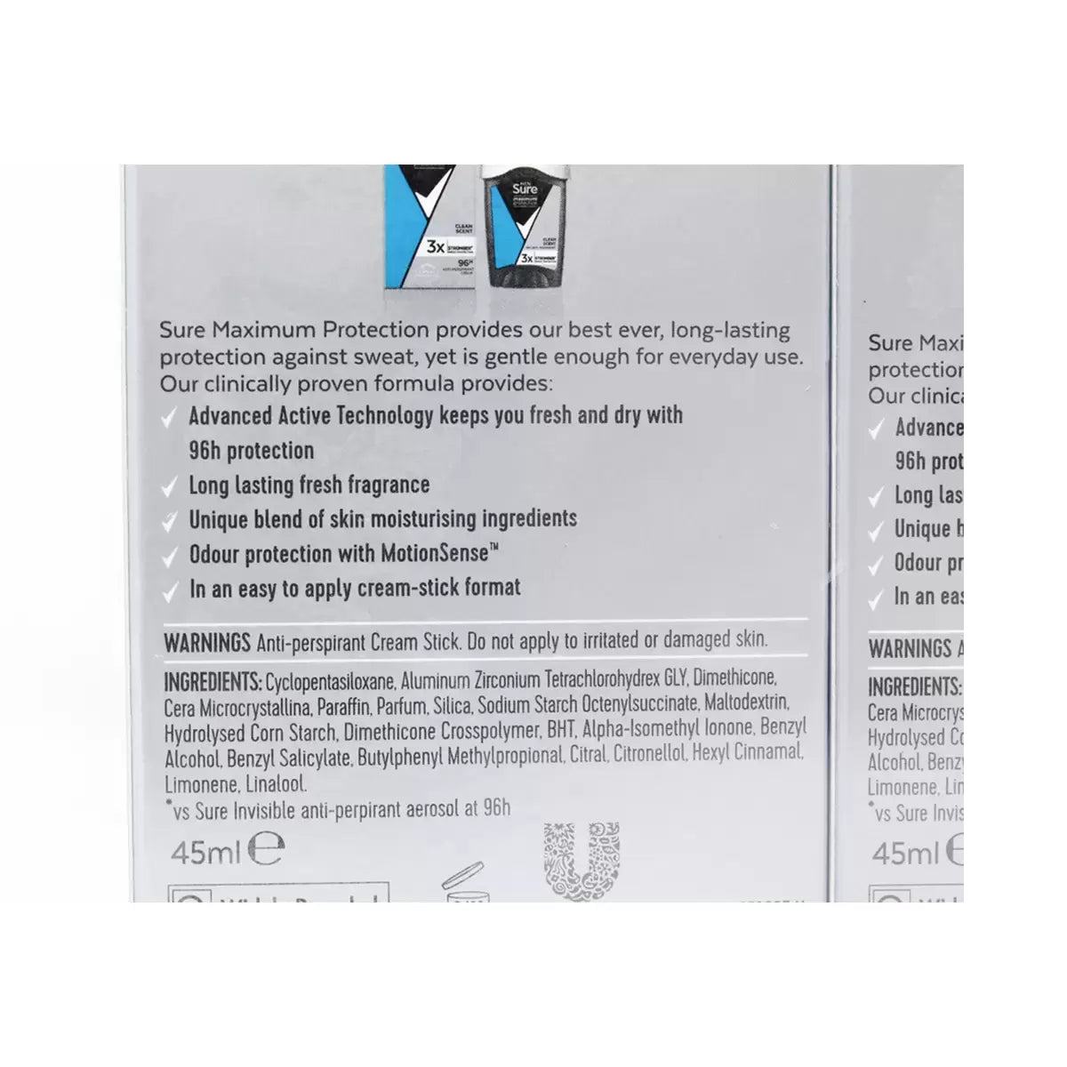 Sure Men Maximum Protection Anti-Perspirant Cream Deodorant, 2 x 45ml