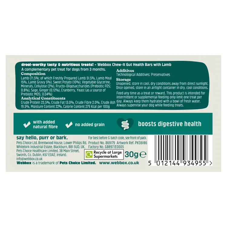 Webbox Chew-It Gut Health Bar Lamb Dog Treat 30g