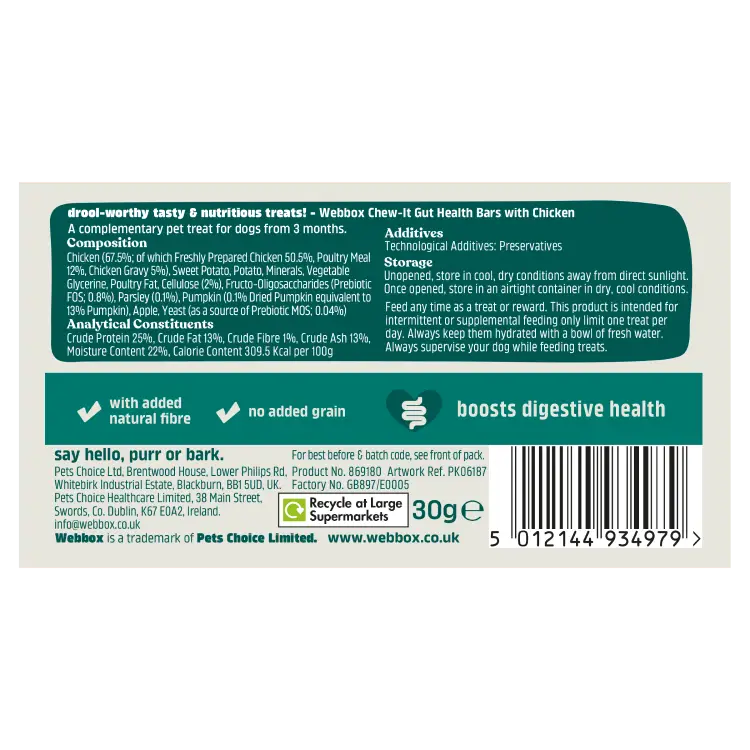 Webbox Chew-It Gut Health Bar Chicken Dog Treat 30g