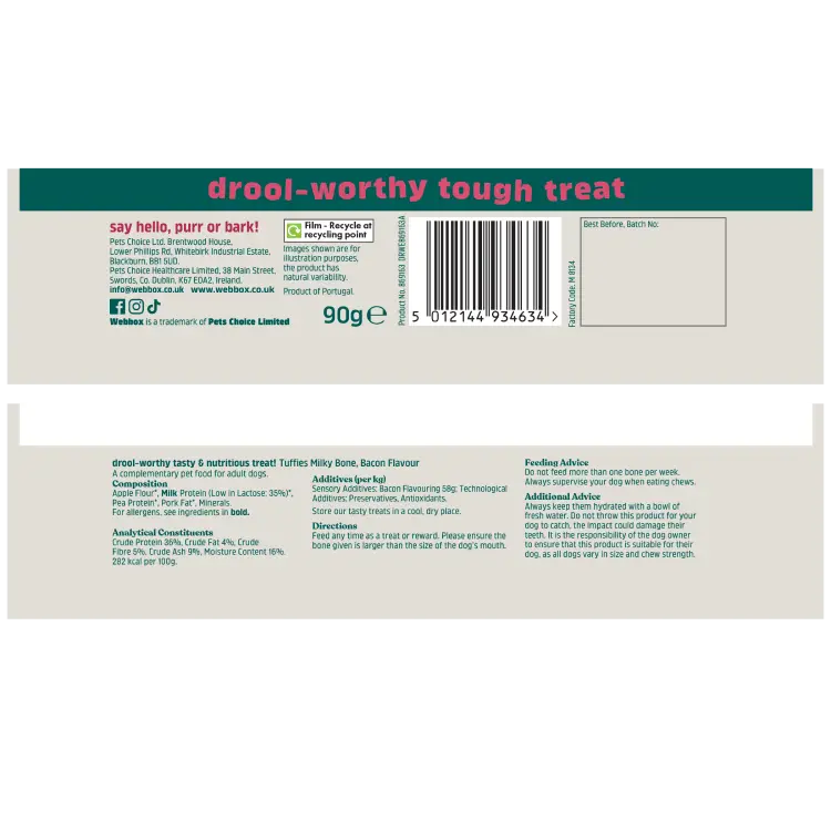 Webbox Tuffies Milky Bone with Bacon Dog Treat 90g