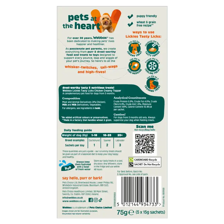 Webbox Lickies Tasty Licks Chicken Creamy Dog Treats 5 Pack 75g