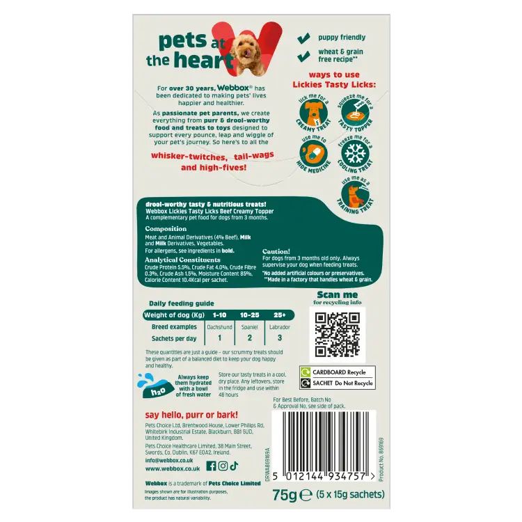 Webbox Lickies Tasty Licks Beef Creamy Dog Treats 5 Pack 75g