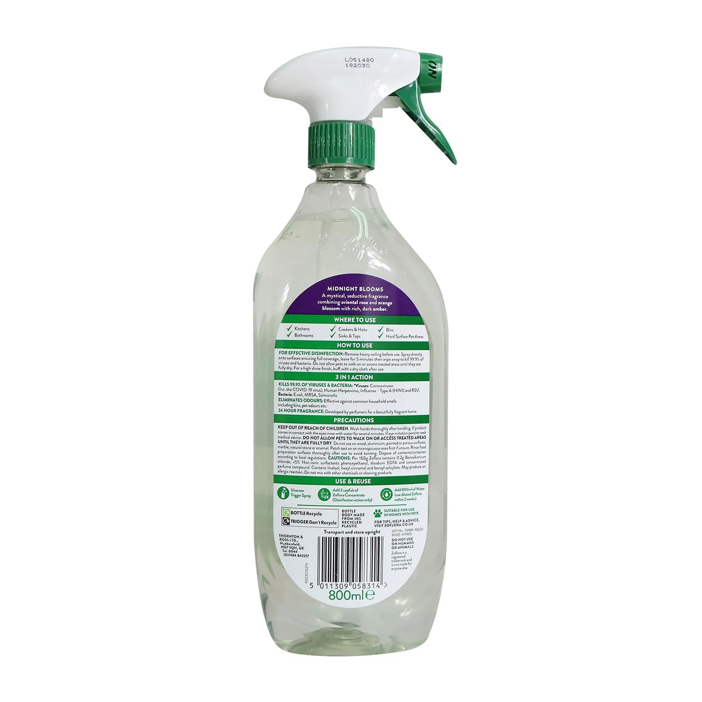 Zoflora Midnight Blooms Multi-Purpose Disinfectant Cleaner, 3 x 800ml
