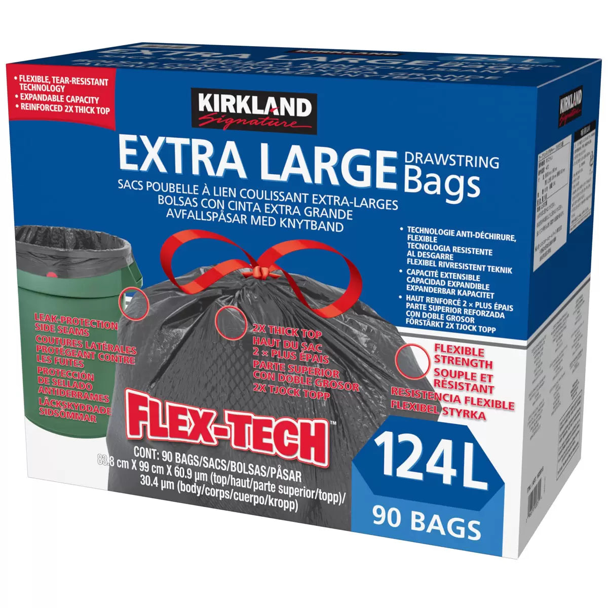 Kirkland Signature 124 Litre Flex-Tech Bin Bags, 90 Pack