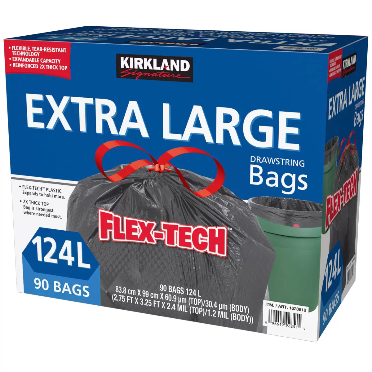 Kirkland Signature 124 Litre Flex-Tech Bin Bags, 90 Pack
