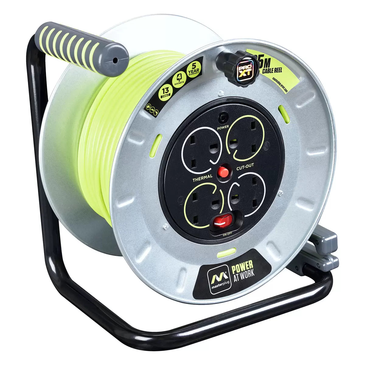 Masterplug 25M Metal Cable Reel with 4 Sockets