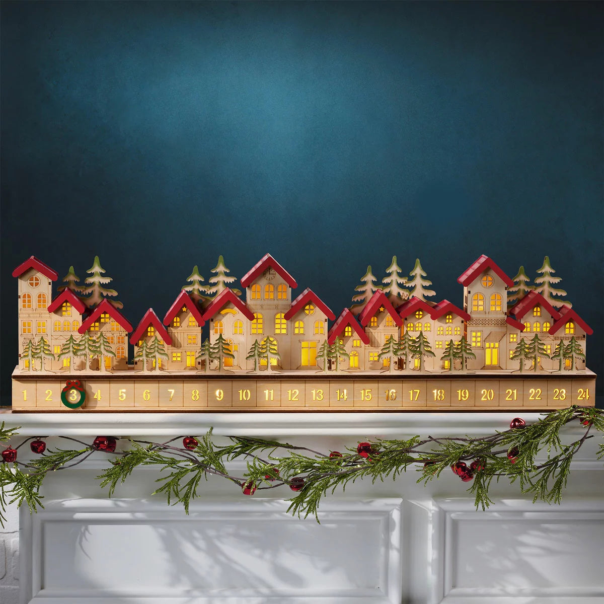 Wooden House Advent Calendar with 28 LED Lights