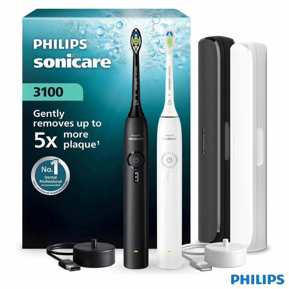 Philips Sonicare 3100 Duo Pack Electric Toothbrush , Black & White complete set