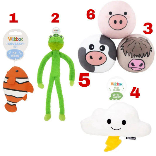 Webbox Farmyard Squishys, Squeaky Fish, Long leg Frog, Plush weather cloud  toys for Pets