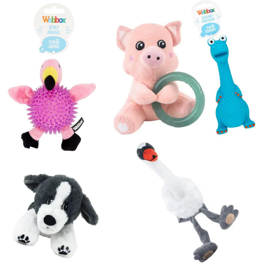 Webbox Long Leg Swan, Spikey Ball Flamingo, Squeaky Dinosaur, Puppy Pig Teething Ring, Plush Collie DOG TOYS