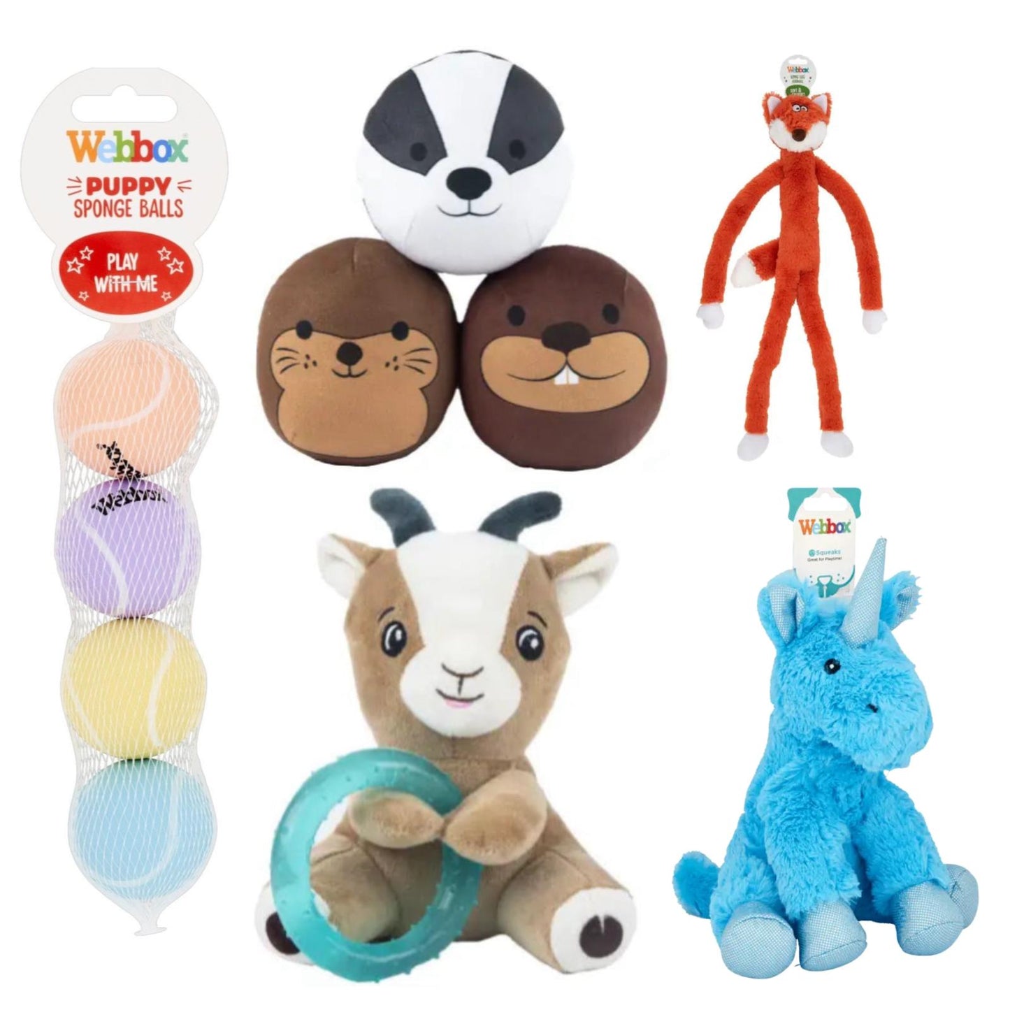 Webbox Puppy Sponge Ball 4 Pack, Puppy Goat Teething Ring, Long Leg Fox, Wildlife Squishys,Plush Unicorn Blue Dog Toy