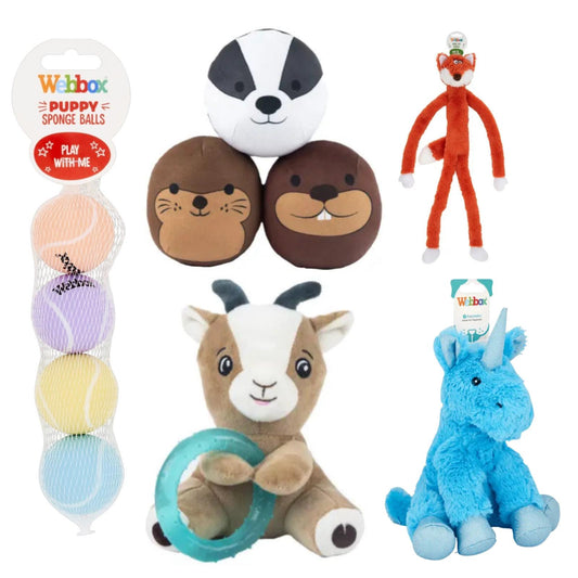 Webbox Puppy Sponge Ball 4 Pack, Puppy Goat Teething Ring, Long Leg Fox, Wildlife Squishys,Plush Unicorn Blue Dog Toy