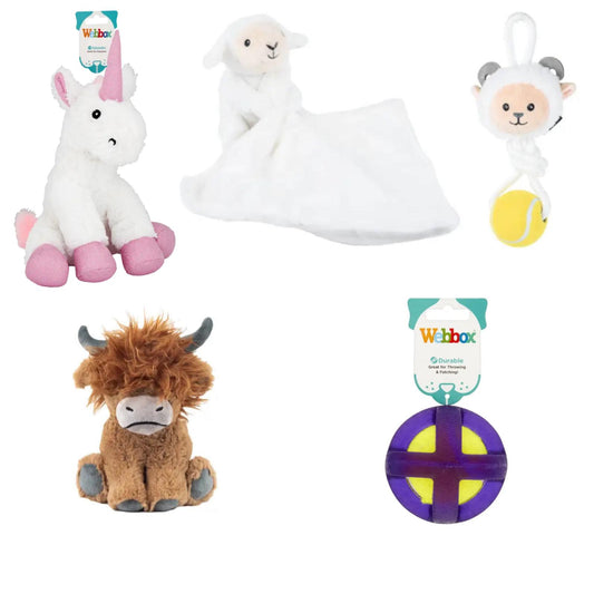 Webbox Cage Ball, Plush Unicorn, Ropw & Ball Goat, Puppy soothing Blanket Lamb, Cuddle Higland Cow, Dog Toy