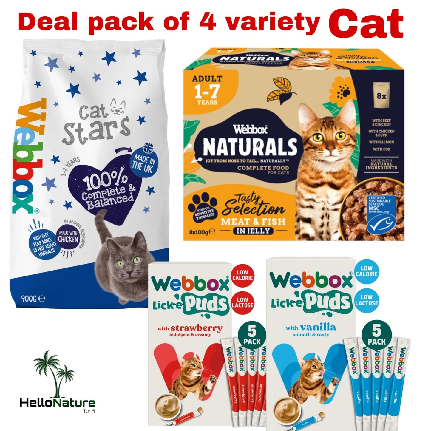 Webbox Lick-e-Puds with Strawberry, Vanilla 10x 30g, Naturals Fish & Meat in Jelly wet 8x100g, Stars Chicken Dry Cat Treats 900g