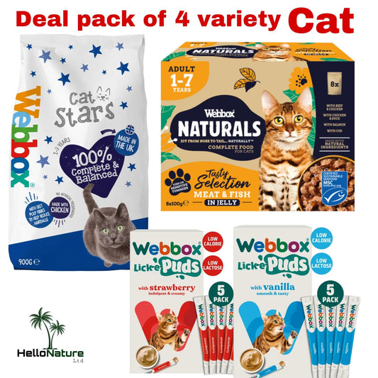 Webbox Lick-e-Puds with Strawberry, Vanilla 10x 30g, Naturals Fish & Meat in Jelly wet 8x100g, Stars Chicken Dry Cat Treats 900g