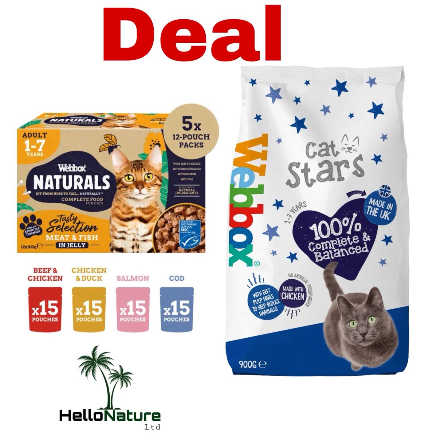 Webbox Naturals Fish & Meat in Jelly Wet 1.2kg & Cat Stars Chicken Dry Adult Cat food 900g (deal)