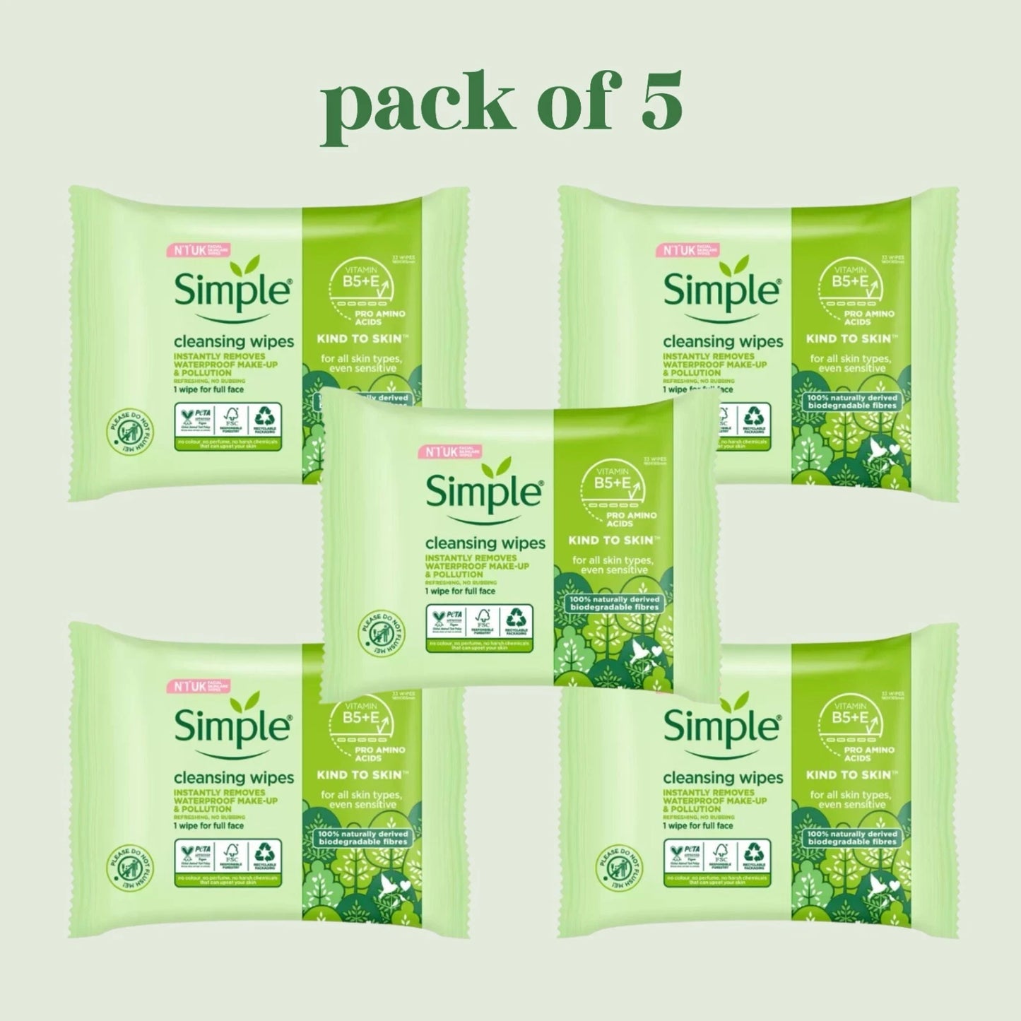 Simple Cleansing Facial Wipes 5 x 33 Pack